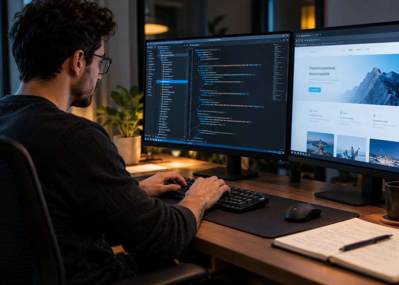 A software engineer building and testing a web product across two monitors